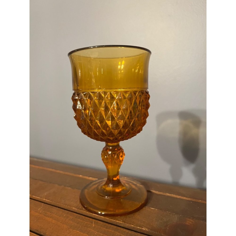 Vintage Indiana Glass Diamond Point Goblet Amber Single, Replacements, MCM‎